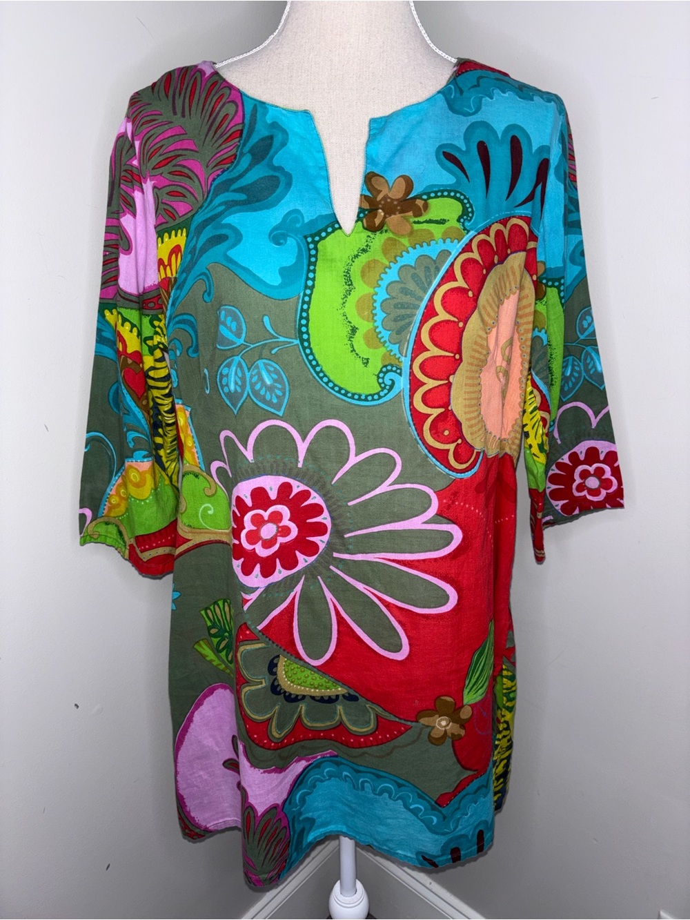 Karma Livingbold colorful cotton tunic kurta red aqua 3/4 sleeve size Large